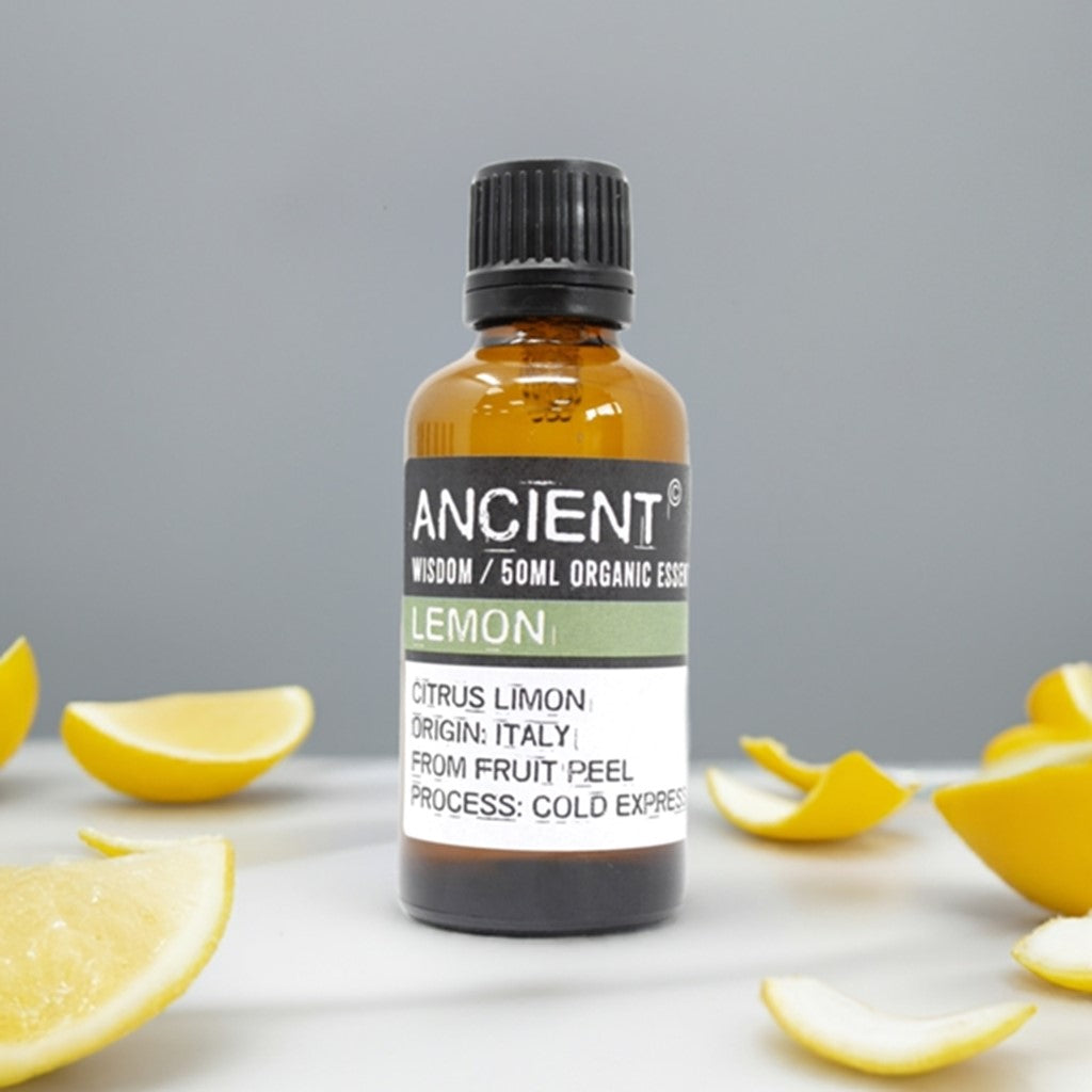 Ancient Wisdom Organic Lemon Essential Oil 50ml with lemon peel