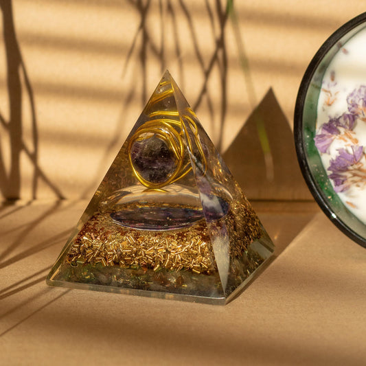 Ancient wisdom orgonite pyramid with amethyst and copper