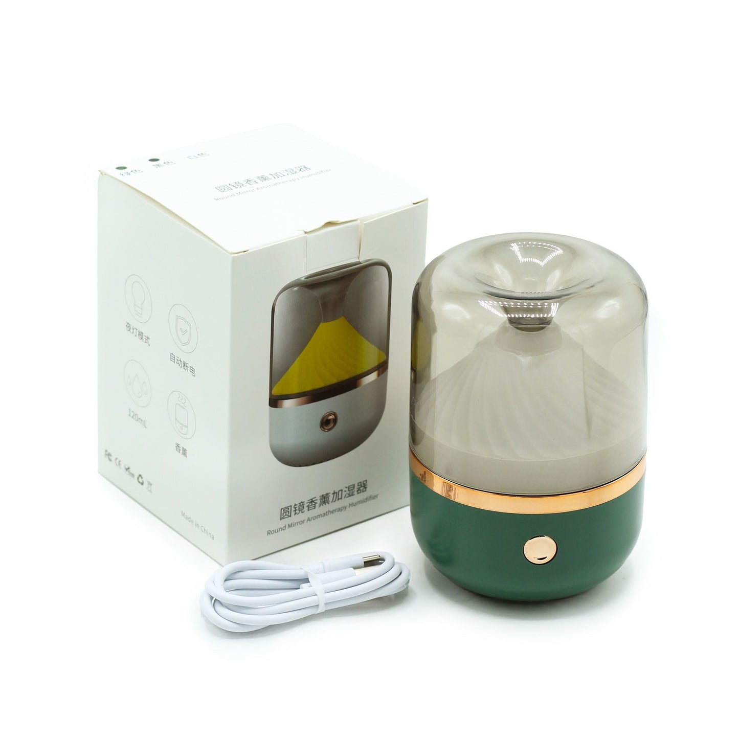 Aroma diffuser and humidifier USB green and bronze with packaging and cable