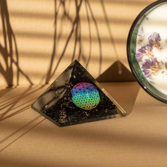 Ancient Wisdom Orgonite Pyramid with Flower of Life & Black Tourmaline (55mm)