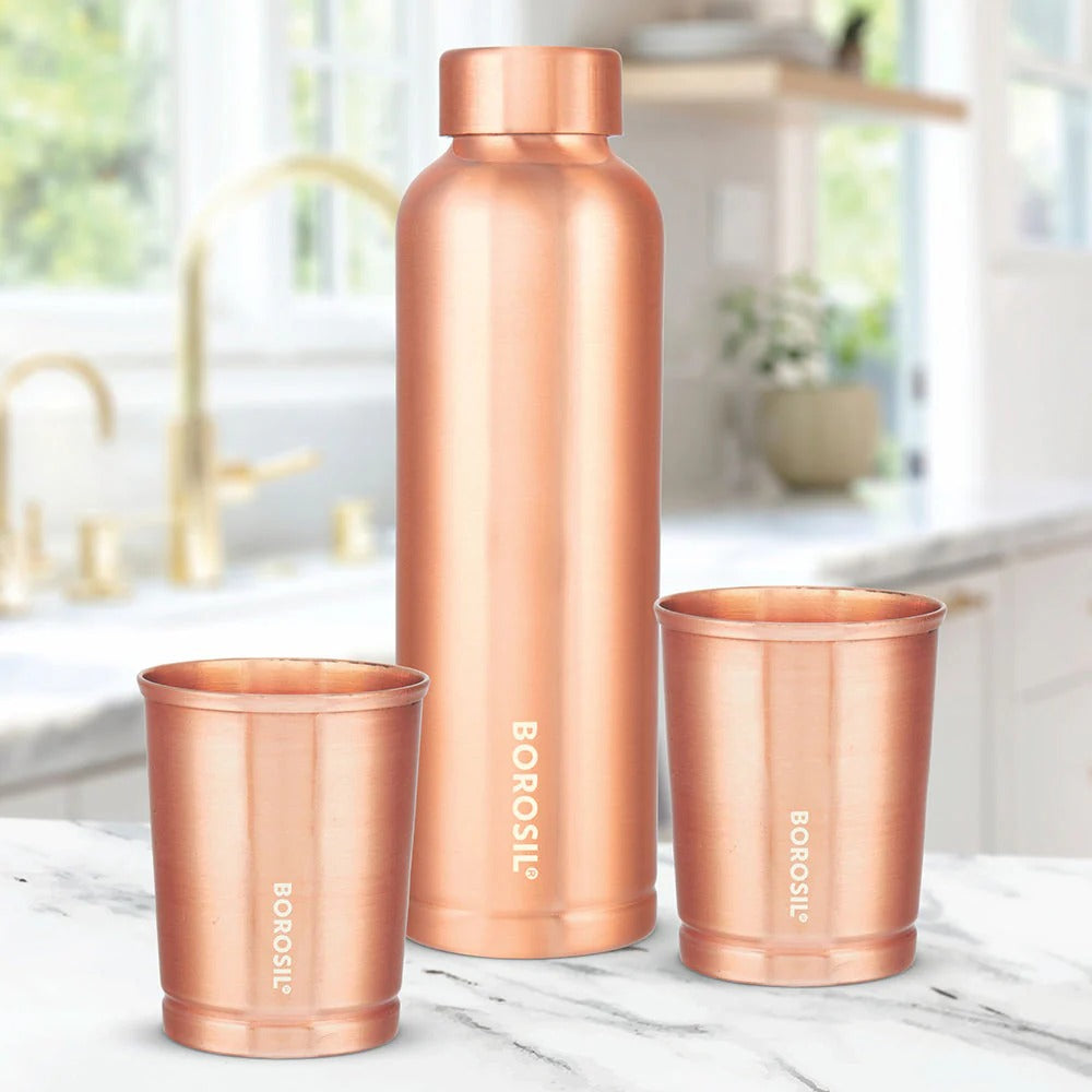 Borosil pure copper bottle with pure copper cups.