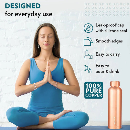 Woman in yoga pose with a copper water bottle and product features listed.