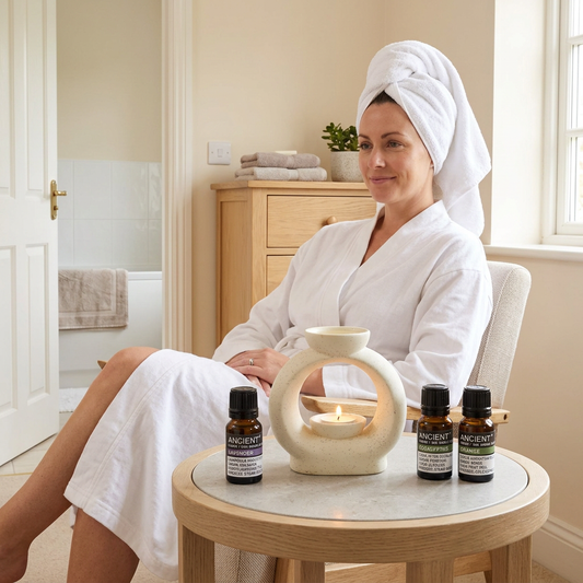 Home Spa lifestyle image with a woman in a robe and towel wrap beside the cream burner and three organic essential oils