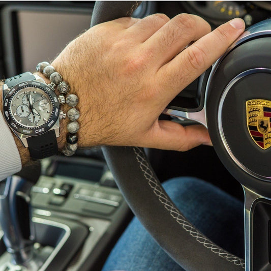 Driving a Porsche with the Zen:Z Karma Grey Jasper magnetic bracelet