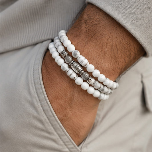 Zen-Z Howlite magnetic bracelets stacked on wrist