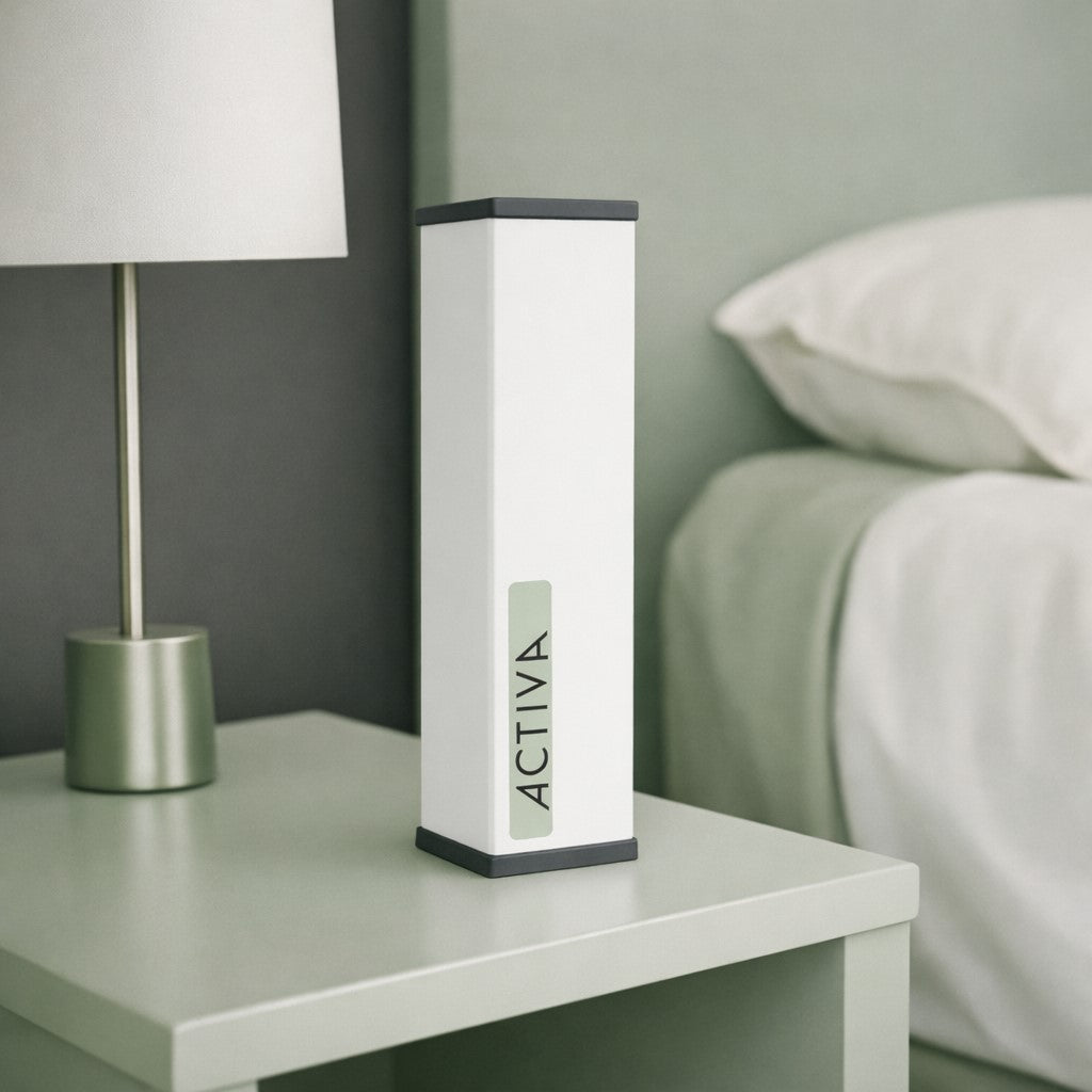Geomack Activa EMF Harmoniser standing on a bedside table