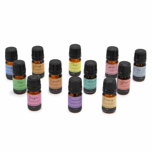 Collection of essential oil bottles with colorful labels on a white background