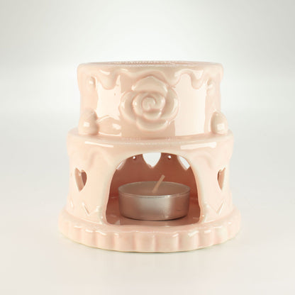 Pink cake ceramic oil burner with rose design and tea light