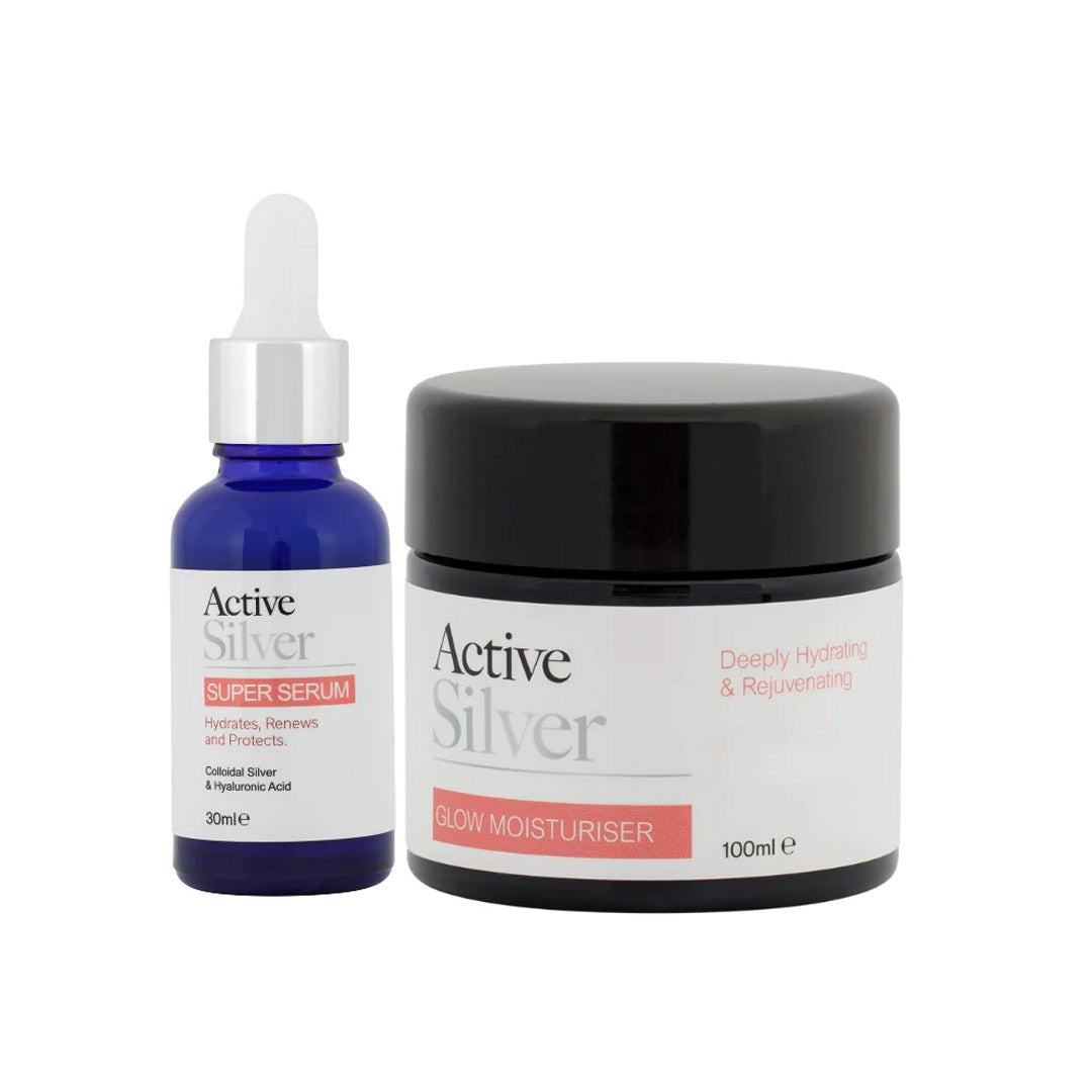 Active 30ml Silver Super Serum and 100ml Glow Moisturiser duo 