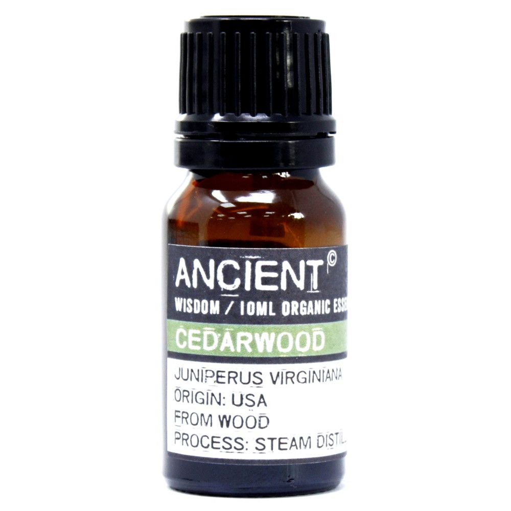 Bottle of organic Cedarwood essential oil by Ancient Wisdom on a white background