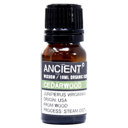 Bottle of organic Cedarwood essential oil by Ancient Wisdom on a white background