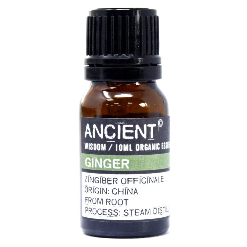 Bottle of Ancient Wisdom organic Ginger essential oil on a white background