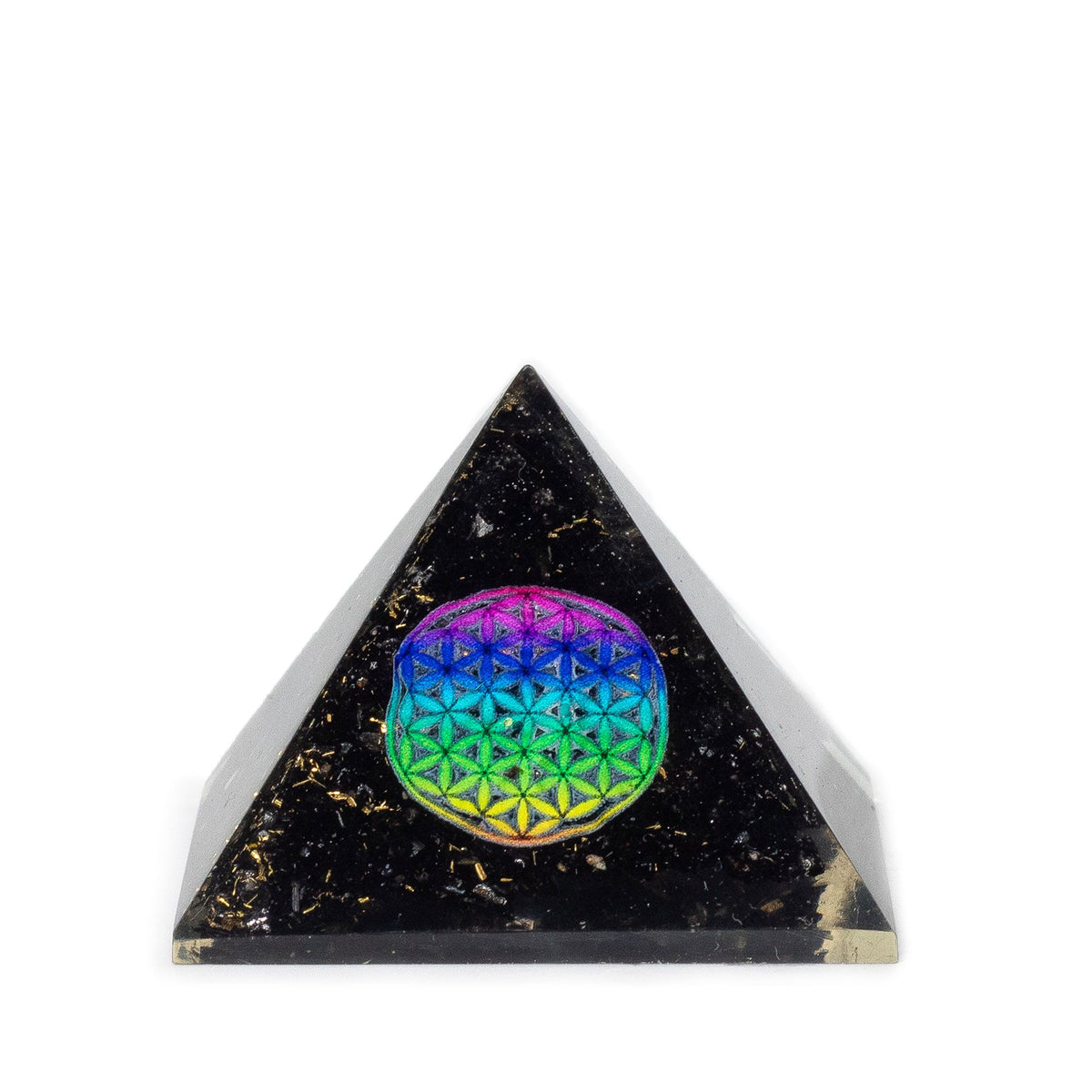 Ancient wisdom orgonite pyramid with flower of life design and black tourmaline crystals