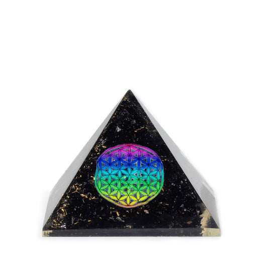Ancient wisdom orgonite pyramid with flower of life design and black tourmaline crystals