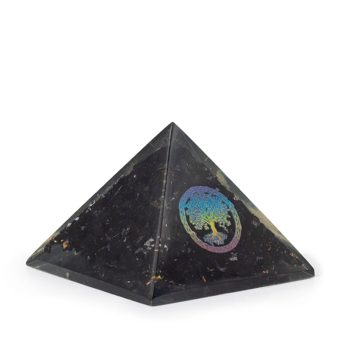 Orgonite pyramid with tree of life and black tourmaline crystals