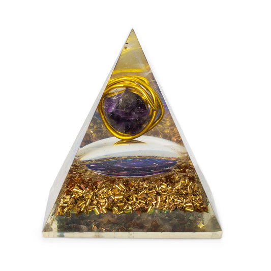 Orgonite pyramid with a wrapped amethyst and copper pieces in clear resin