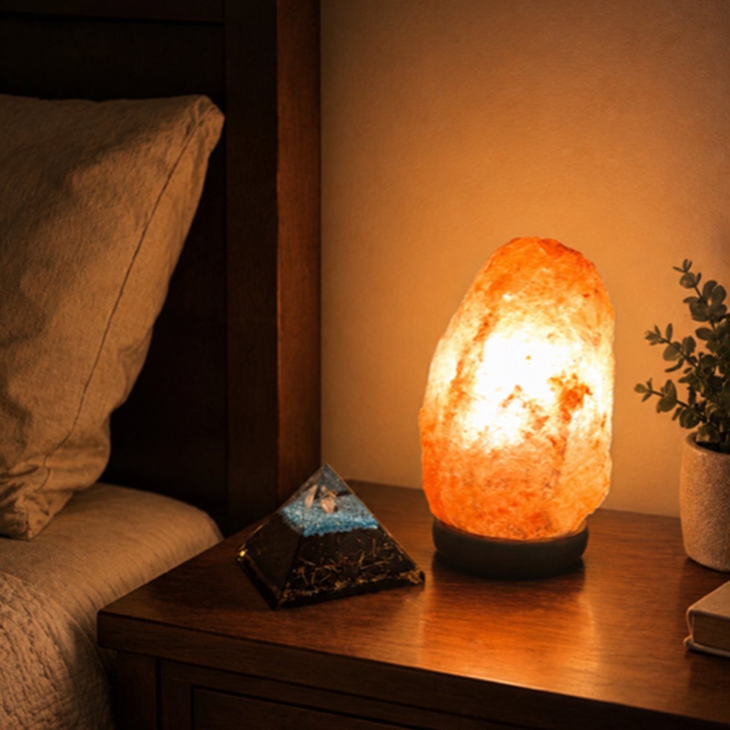 Himalayan salt lamp with orgonite pyramid on bedside table