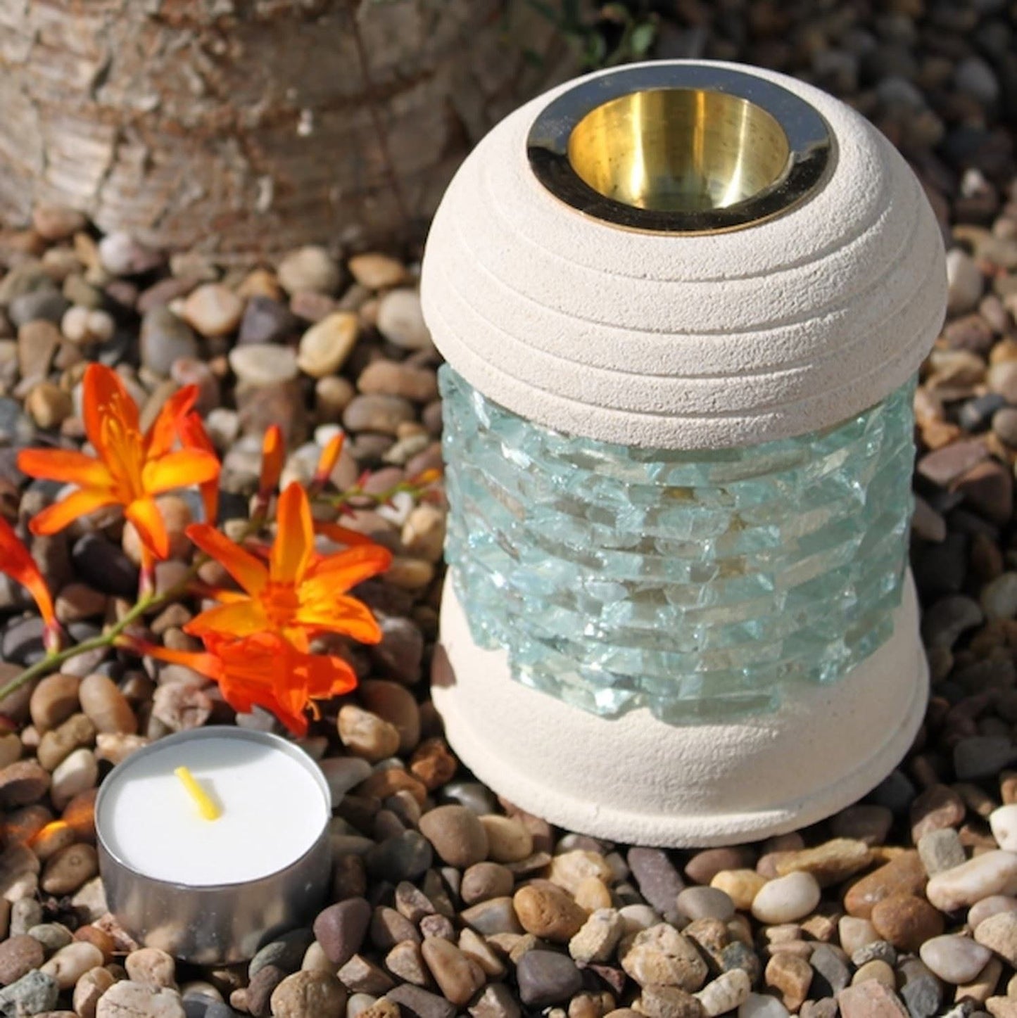 Ancient Wisdom Hand-Carved Round Sandstone & Glass Oil Burner