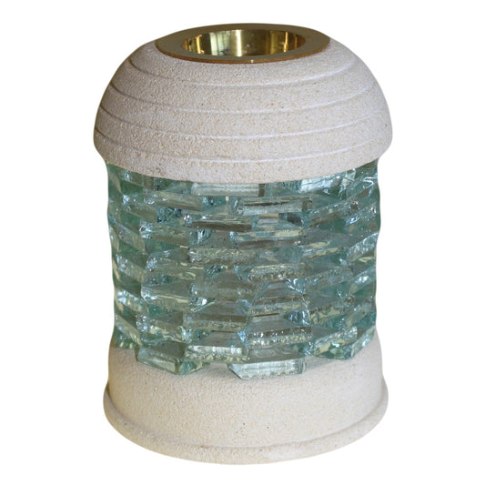 Ancient Wisdom Hand-Carved Round Sandstone & Glass Oil Burner