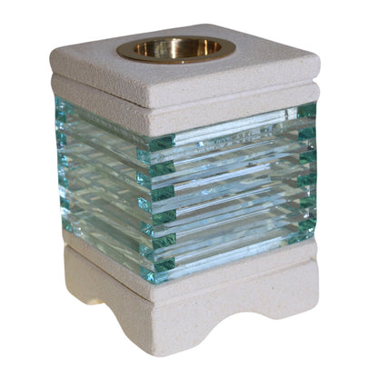 Ancient Wisdom Hand-Carved Square Sandstone & Glass Oil Burner