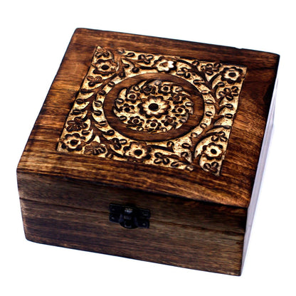 Hand carved mango wood square storage box for 25 essential oils