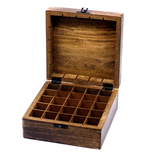 Open hand carved mango wood square storage box for 25 essential oils