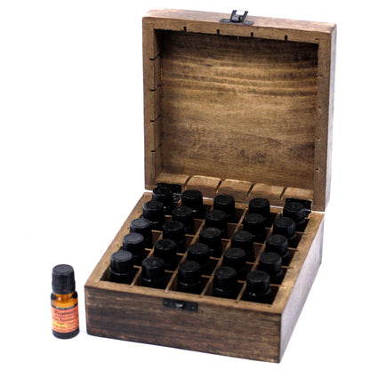 Hand carved mango wood square storage box containing 25 essential oils