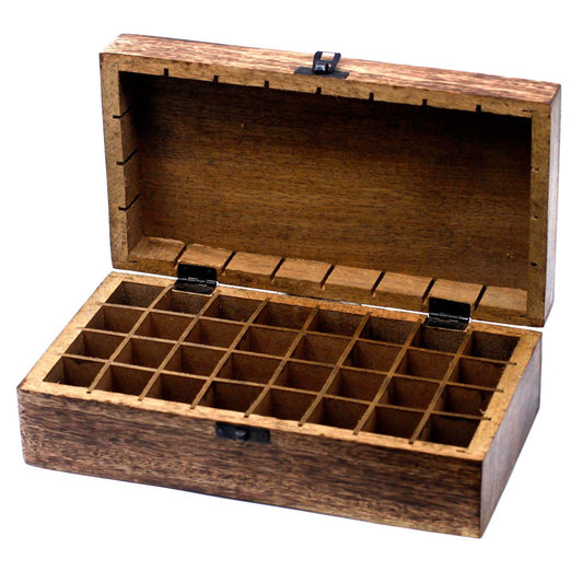 Open hand carved mango wood essential oil storage box for 32 oils 