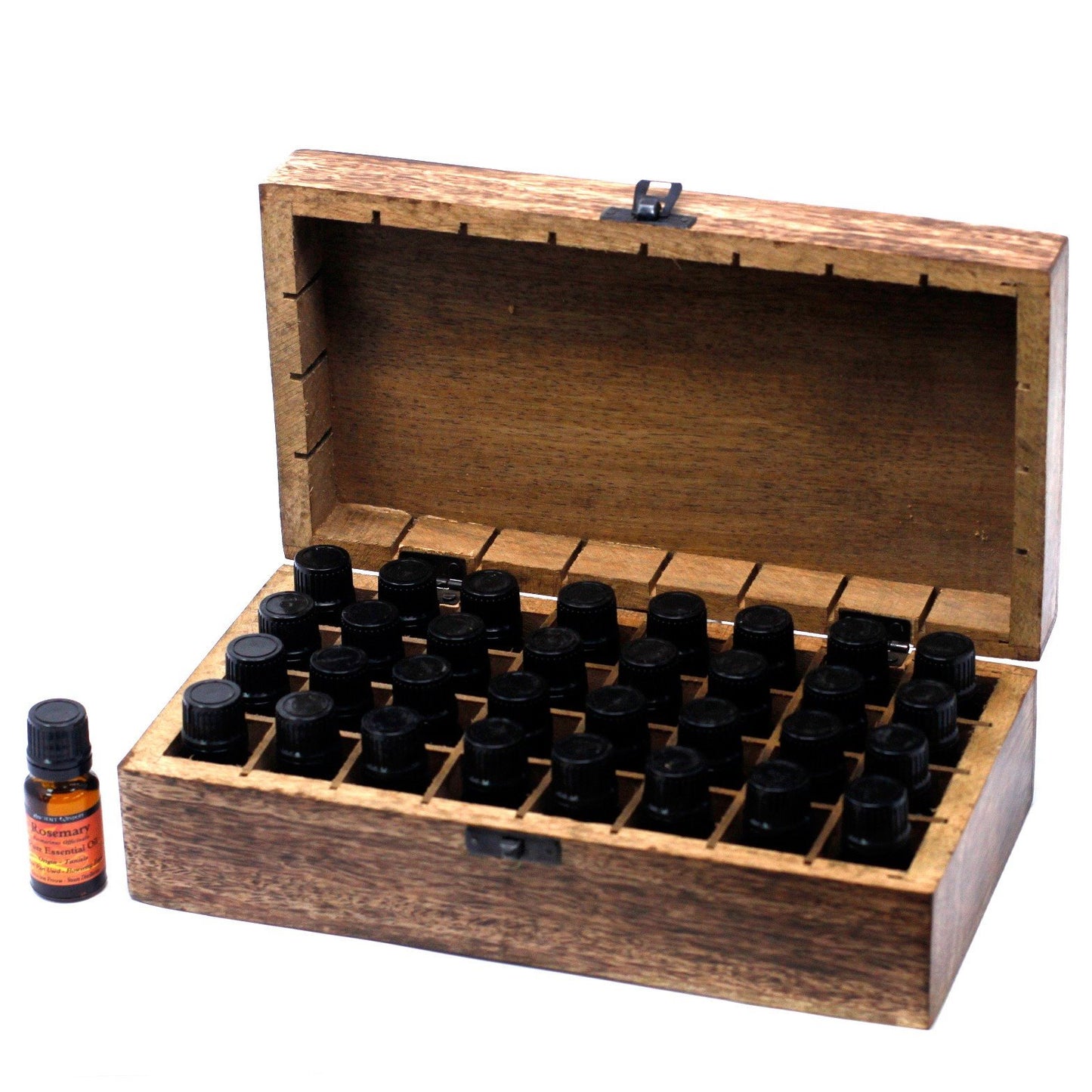 Hand carved mango wood essential oil storage box containing 32 oils