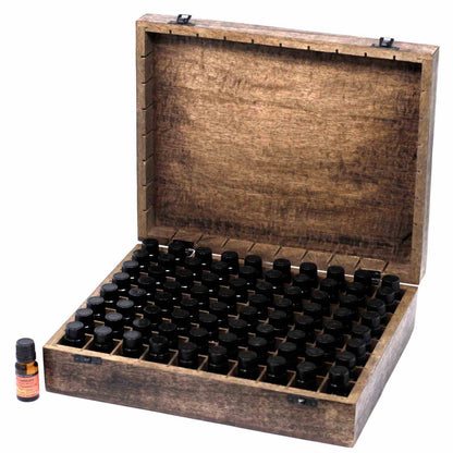 Hand carved mango wood storage box containing 80 essential oils
