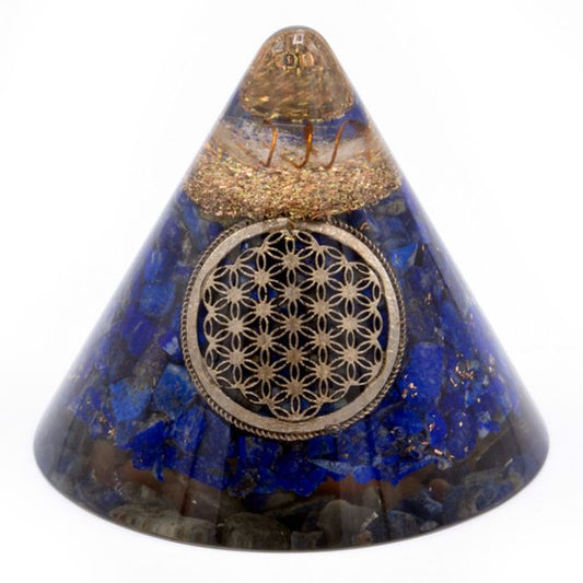 Ancient Wisdom Orgonite Cone with Lapis Lazuli, Quartz & Copper - Flower of Life (90mm)