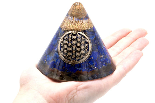 Ancient Wisdom Orgonite Cone with Lapis Lazuli, Quartz & Copper - Flower of Life (90mm)