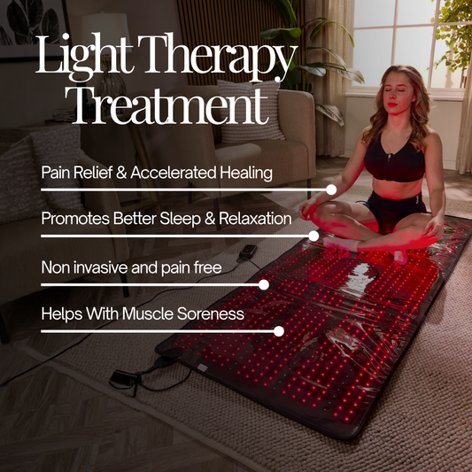 Woman using a light therapy mat in a living room with text about its benefits.