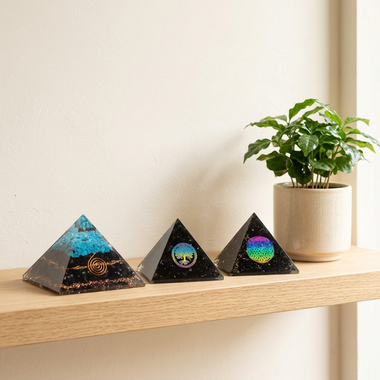 Three orgonite pyramids on an oak shelf beside a leafy plant