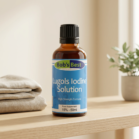 Bob's Best iodine bottle in a softly lit natural home setting