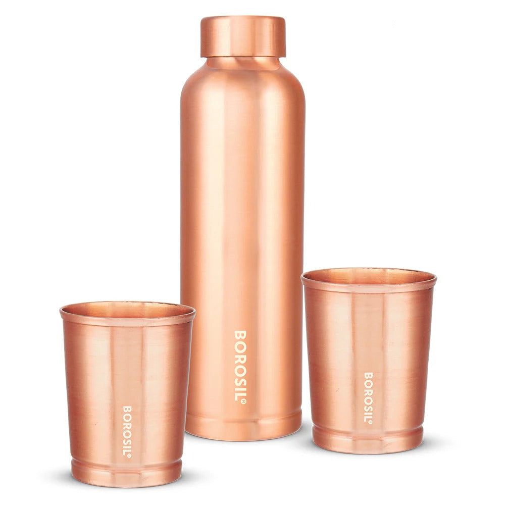 Copper-colored water bottle and two cups with 'BOROSIL' branding on a white background