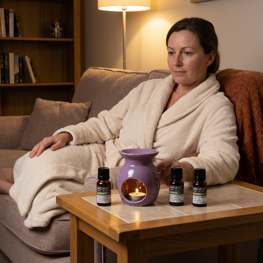 Essential Oil burner and organic essential oils with a woman relaxing in the evening
