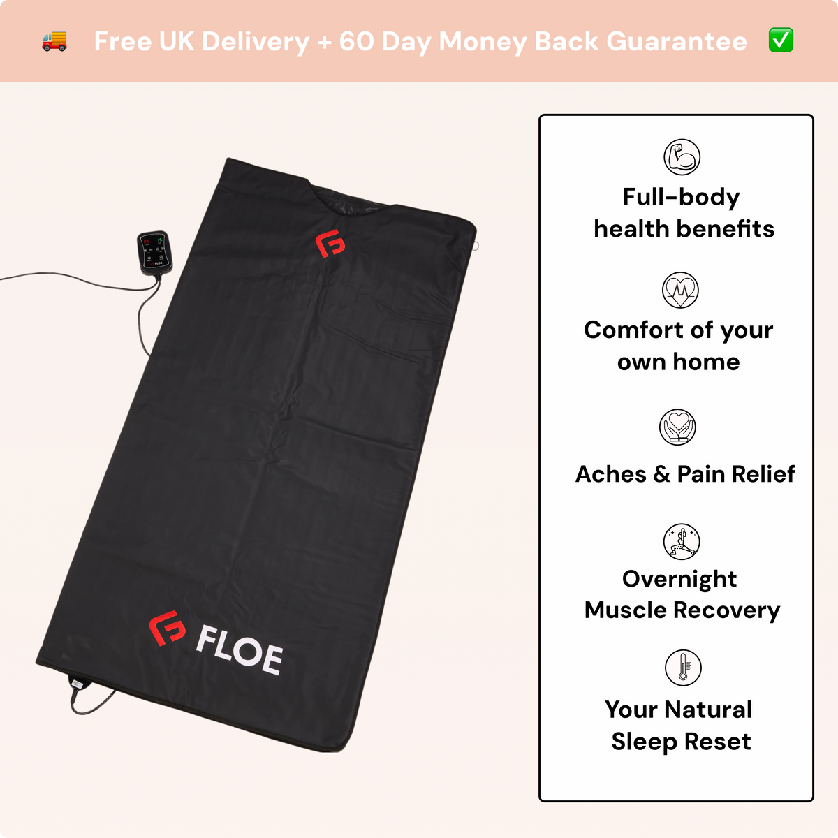 A black FLOE full-body heat therapy mat with a small remote control, shown on a light beige background with a pink promotional banner and a white feature list on the right.