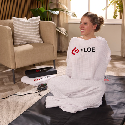 Woman wrapped in the Floe waffle towel