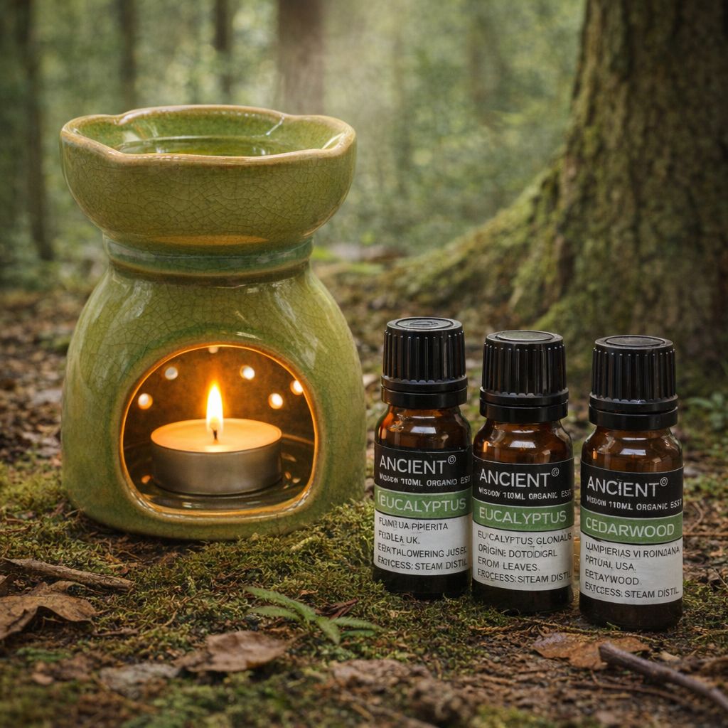 Green ceramic oil burner with 3 organic essential oils 10ml