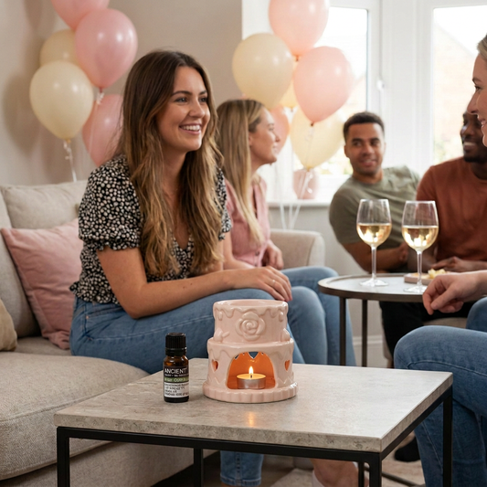Birthday lifestyle scene revised to show one organic Rose Geranium oil bottle beside the small pink cake ceramic burner