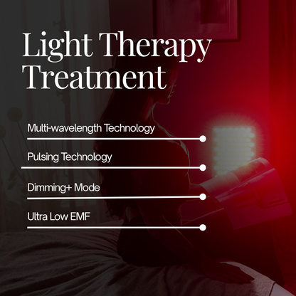 Light therapy treatment device with text highlighting features on a blurred background