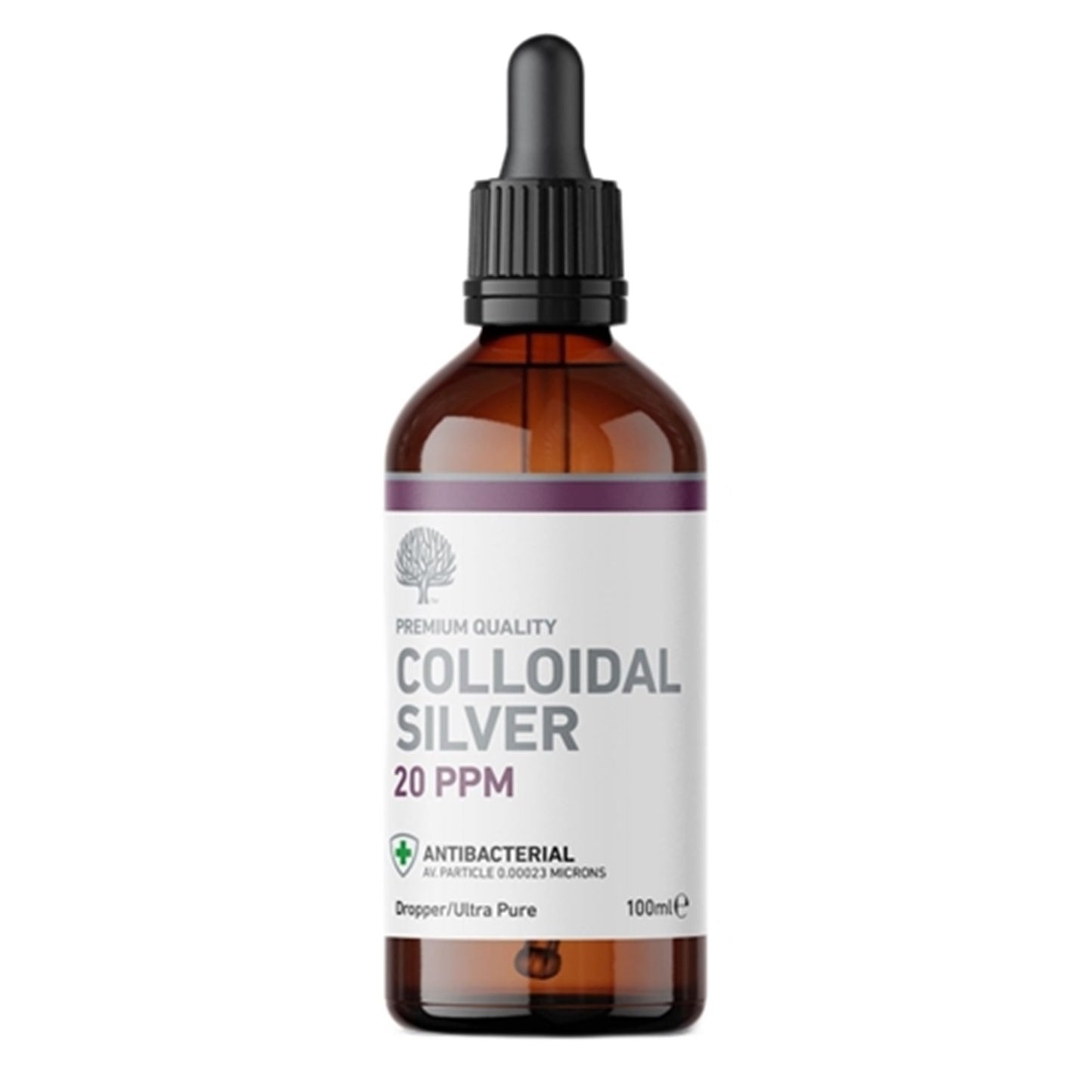 An amber glass dropper bottle of Colloidal Silver 20 PPM 100ml