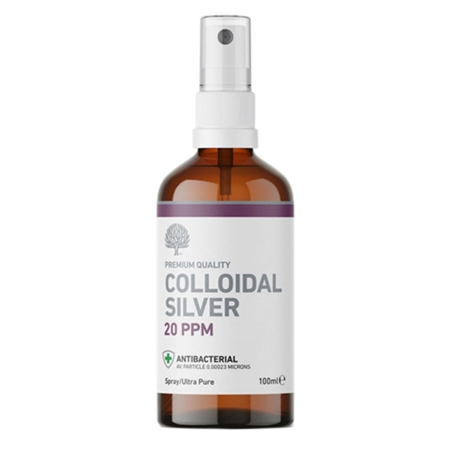 An amber glass spray bottle of Colloidal Silver 20 PPM 100ml