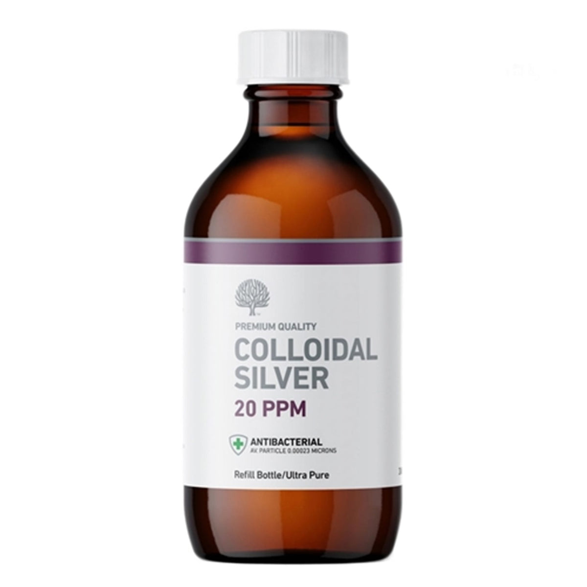 An amber glass bottle of Colloidal Silver 20 PPM 300ml