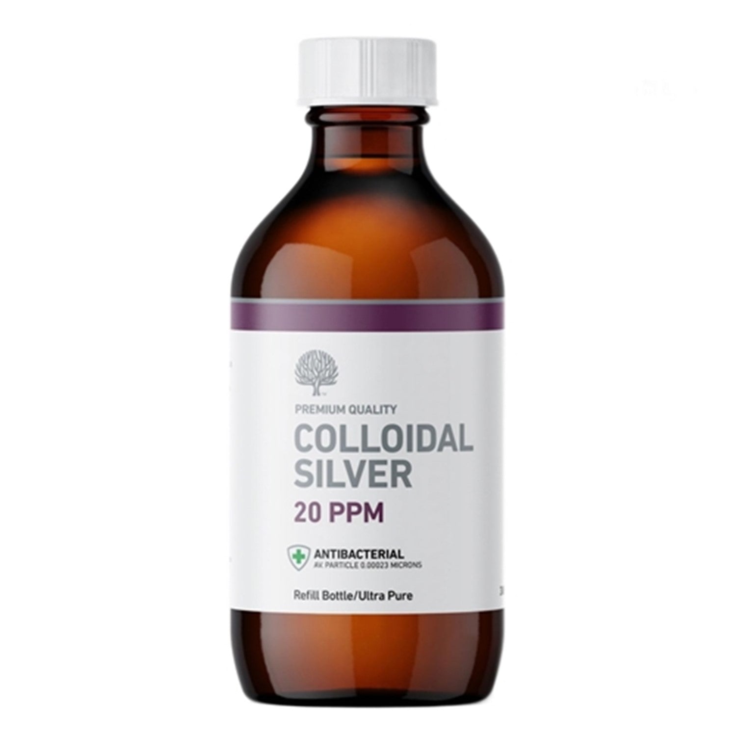 An amber glass bottle of Colloidal Silver 20 PPM 300ml