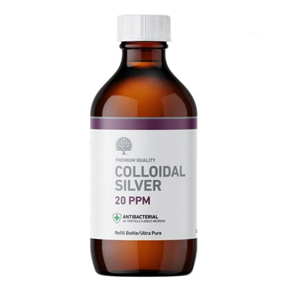 An amber glass bottle of Colloidal Silver 20 PPM 300ml