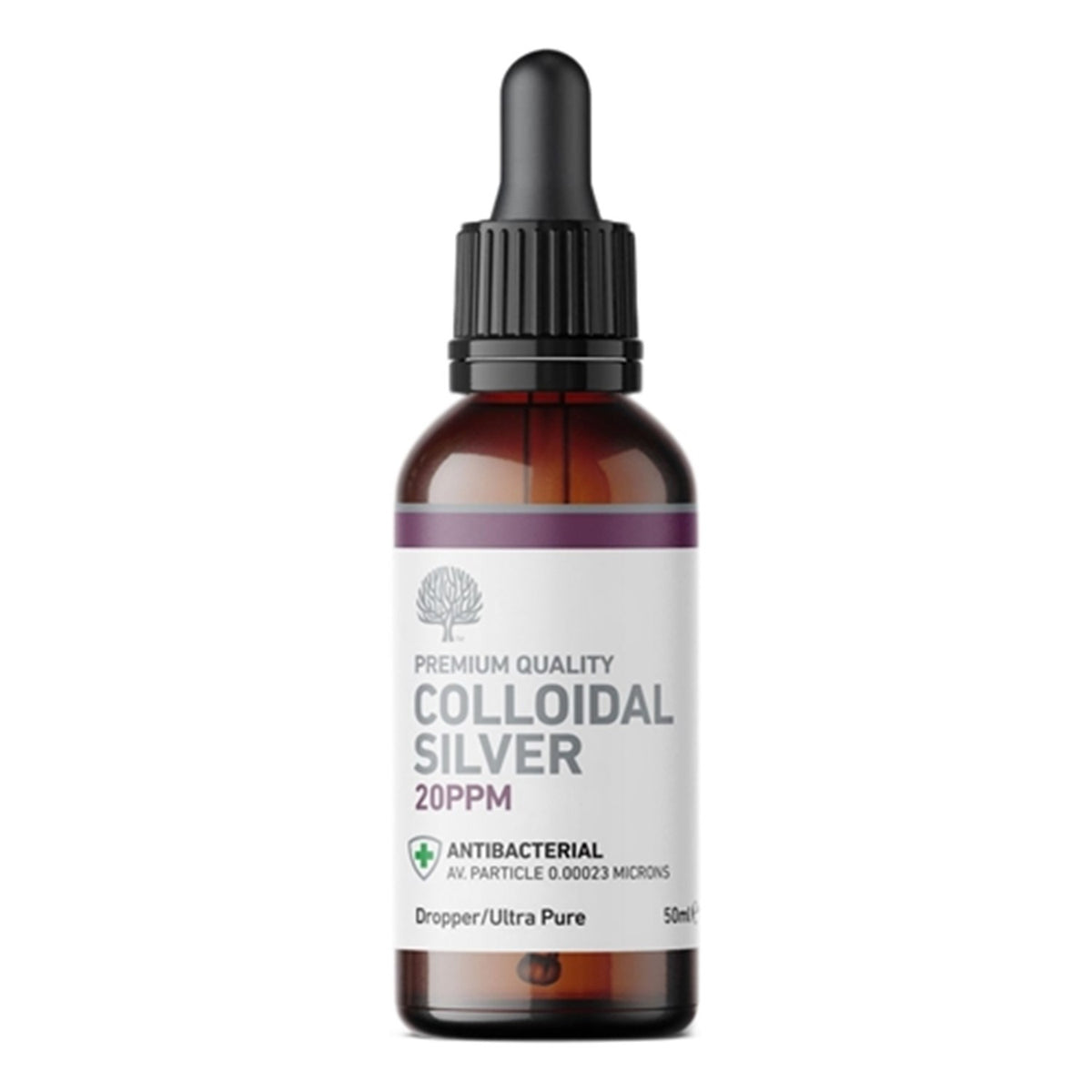 An amber glass spray bottle of Colloidal Silver 20 PPM 50ml