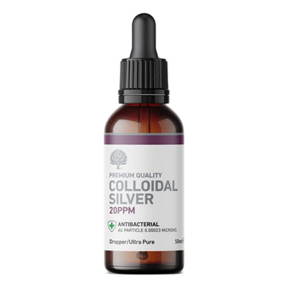 An amber glass spray bottle of Colloidal Silver 20 PPM 50ml