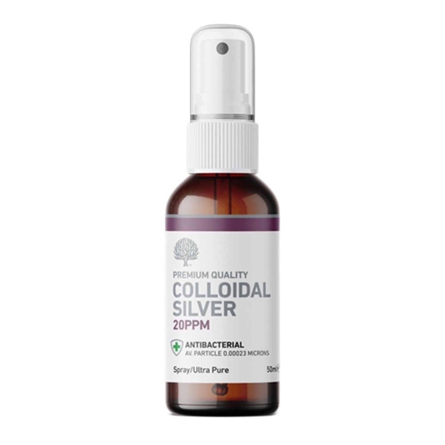 An amber glass spray bottle of Colloidal Silver 20 PPM 50ml